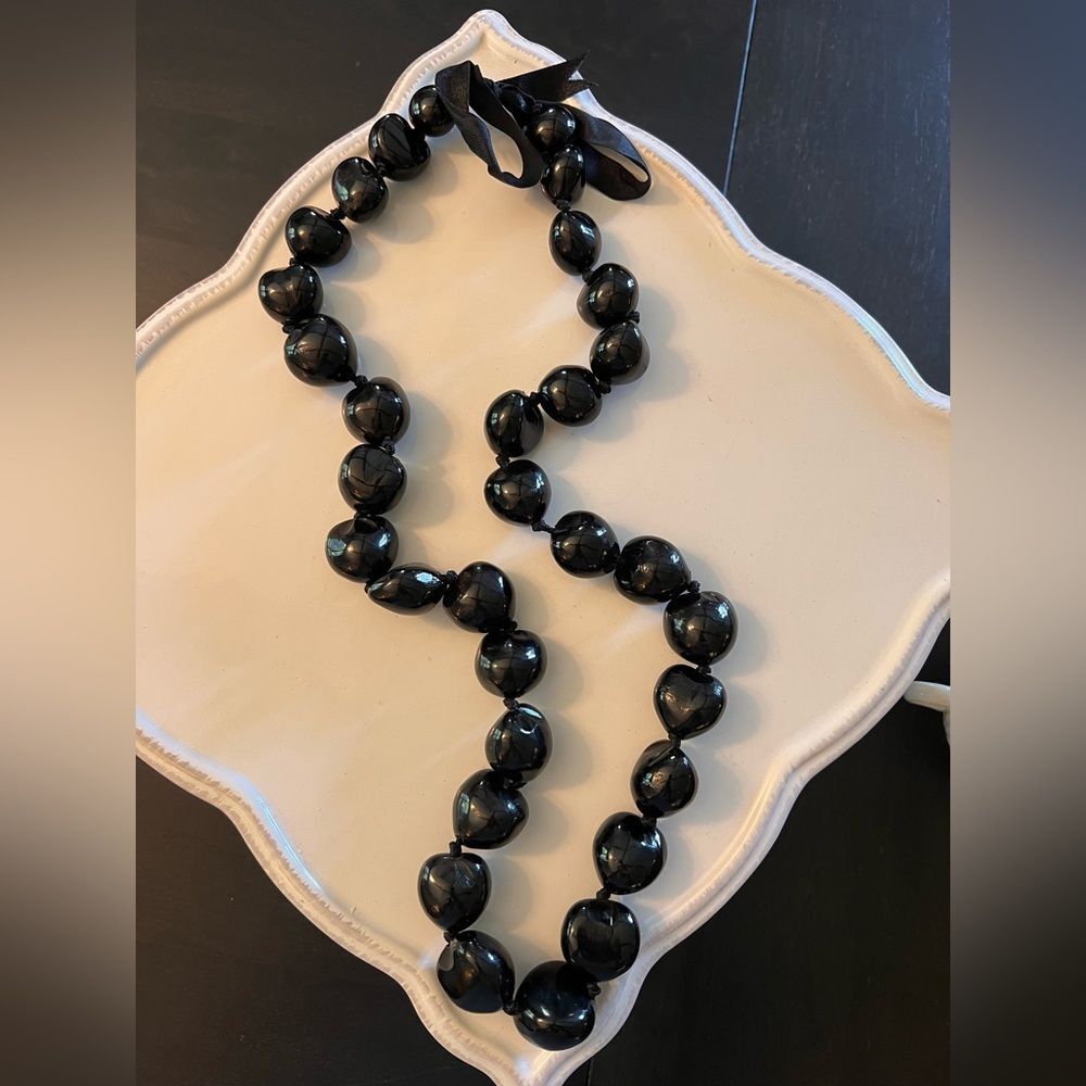 Black Beaded Necklace with Ribbon vintage chunky beads long can be doubled